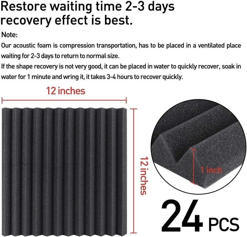 Focusound 24 Pack Grey Acoustic Foam Panels 1" x 12" x 12" Sound Proof Foam Panles Soundproofing Noise Cancelling Wedge Panels for Home Office Recoding Studio with 240PCS Double-Side Adhesive - Image 5